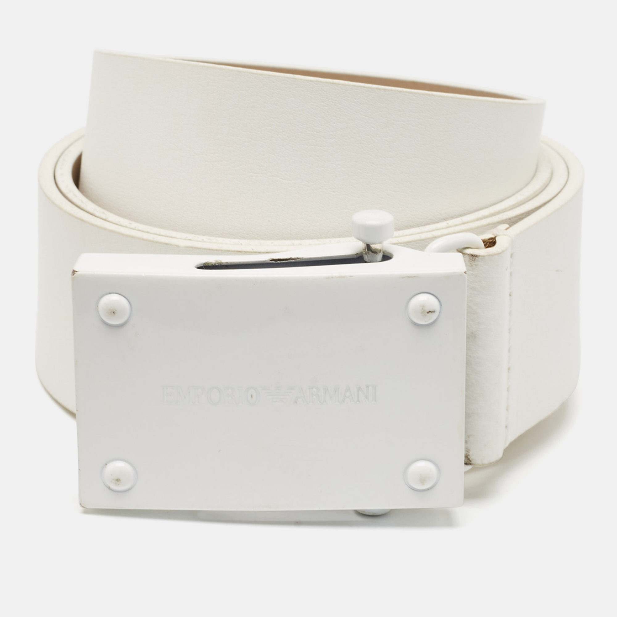 

Emporio Armani White Leather Cut to Size Logo Buckle Belt