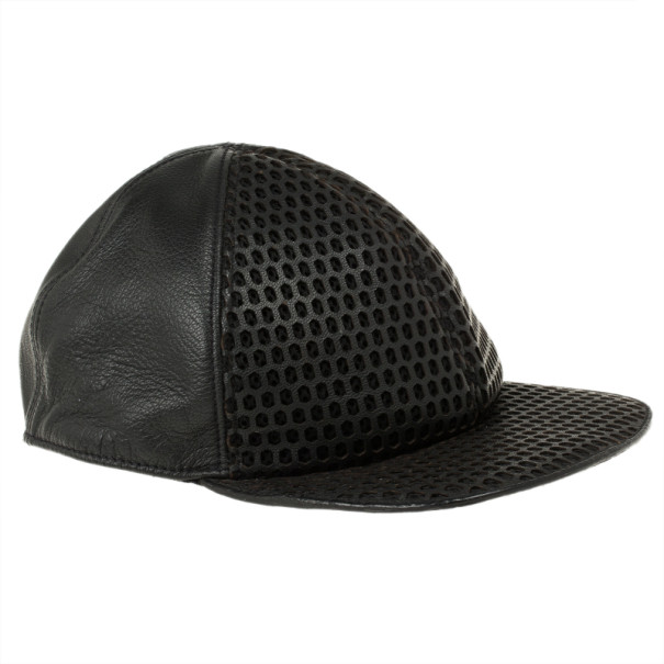 مملوكة مسبقًا Emporio Armani Black Leather Cutout Baseball Cap Size M