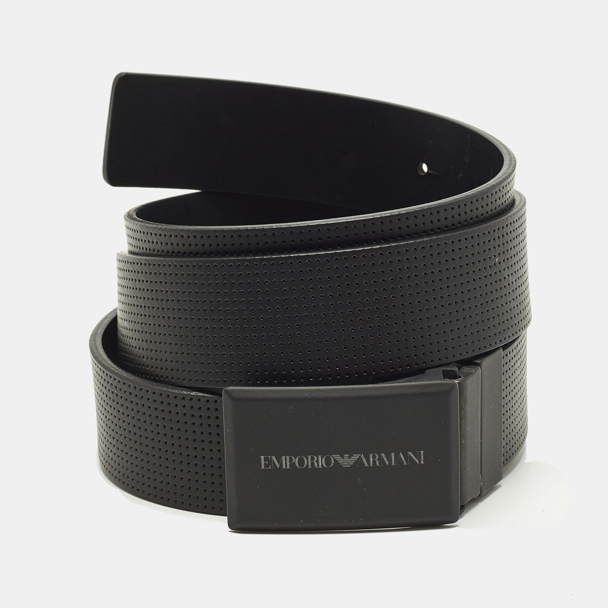 

Emporio Armani Logo Plague Buckle Cut to Size Black Perforated Leather