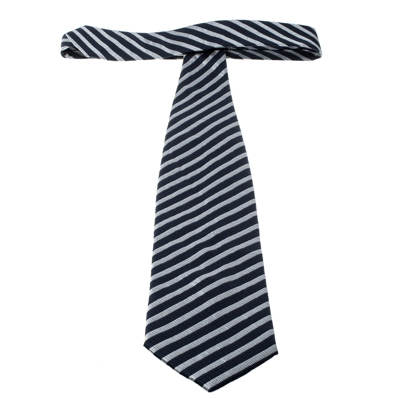 Pre-owned Emporio Armani Navy Blue And Grey Striped Silk Tie