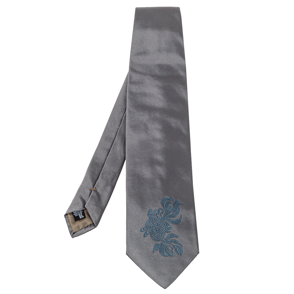 Pre-owned Emporio Armani Grey Floral Detail Silk Traditional Tie