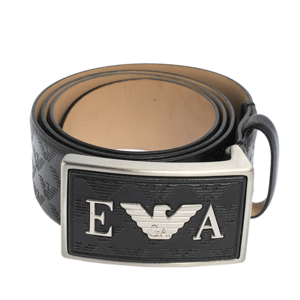 

Emporio Armani Black Monogram Leather Buckle Belt Size