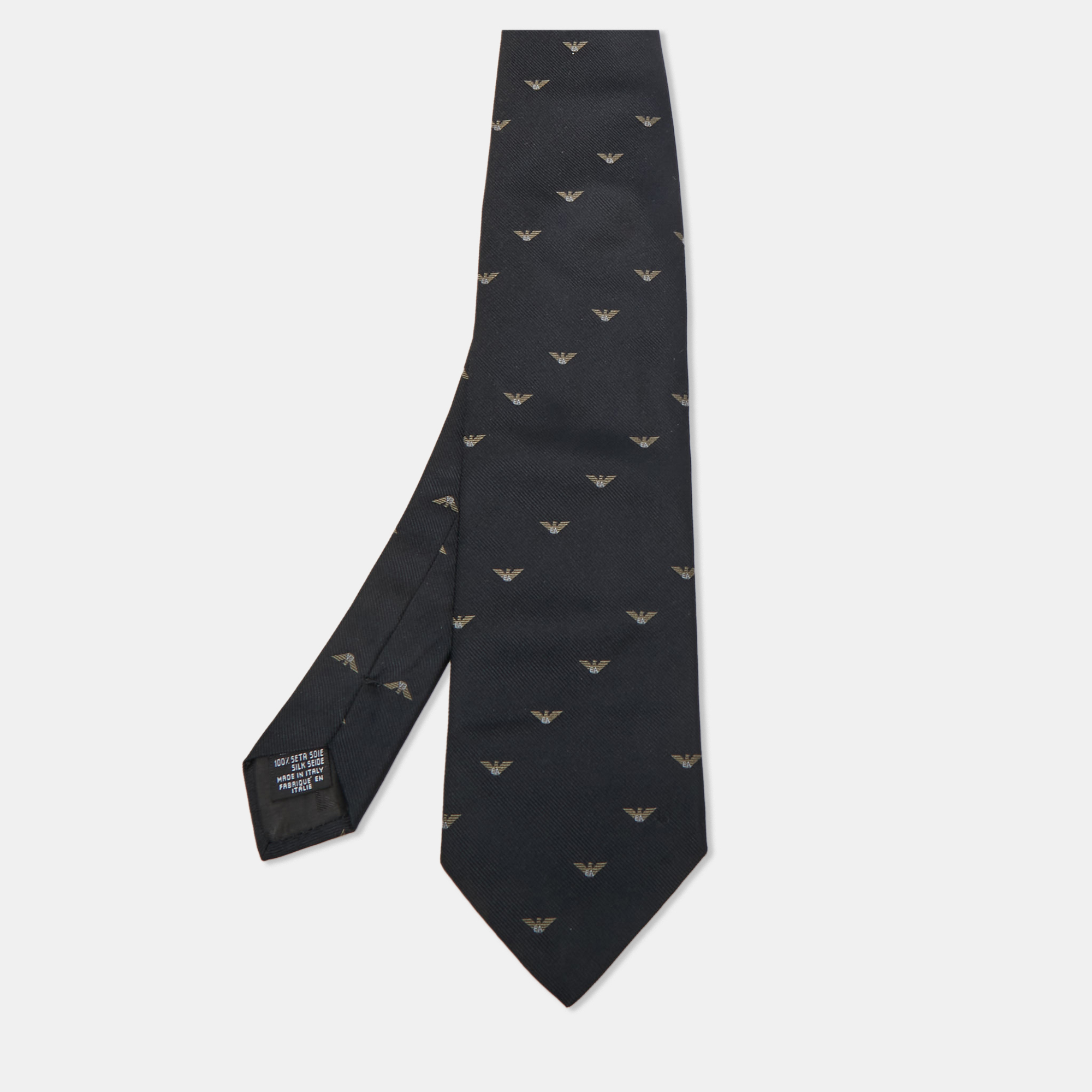Pre-owned Emporio Armani Vintage Black Logo Silk Jacquard Tie