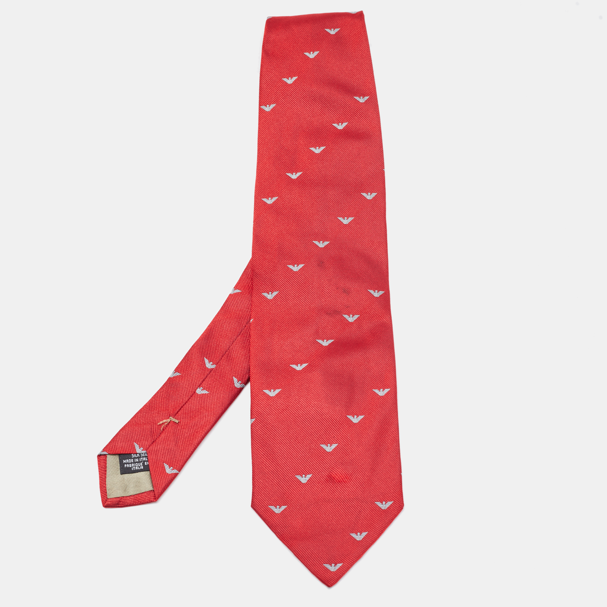 Pre-owned Emporio Armani Red Logo Patterned Silk Traditional Tie