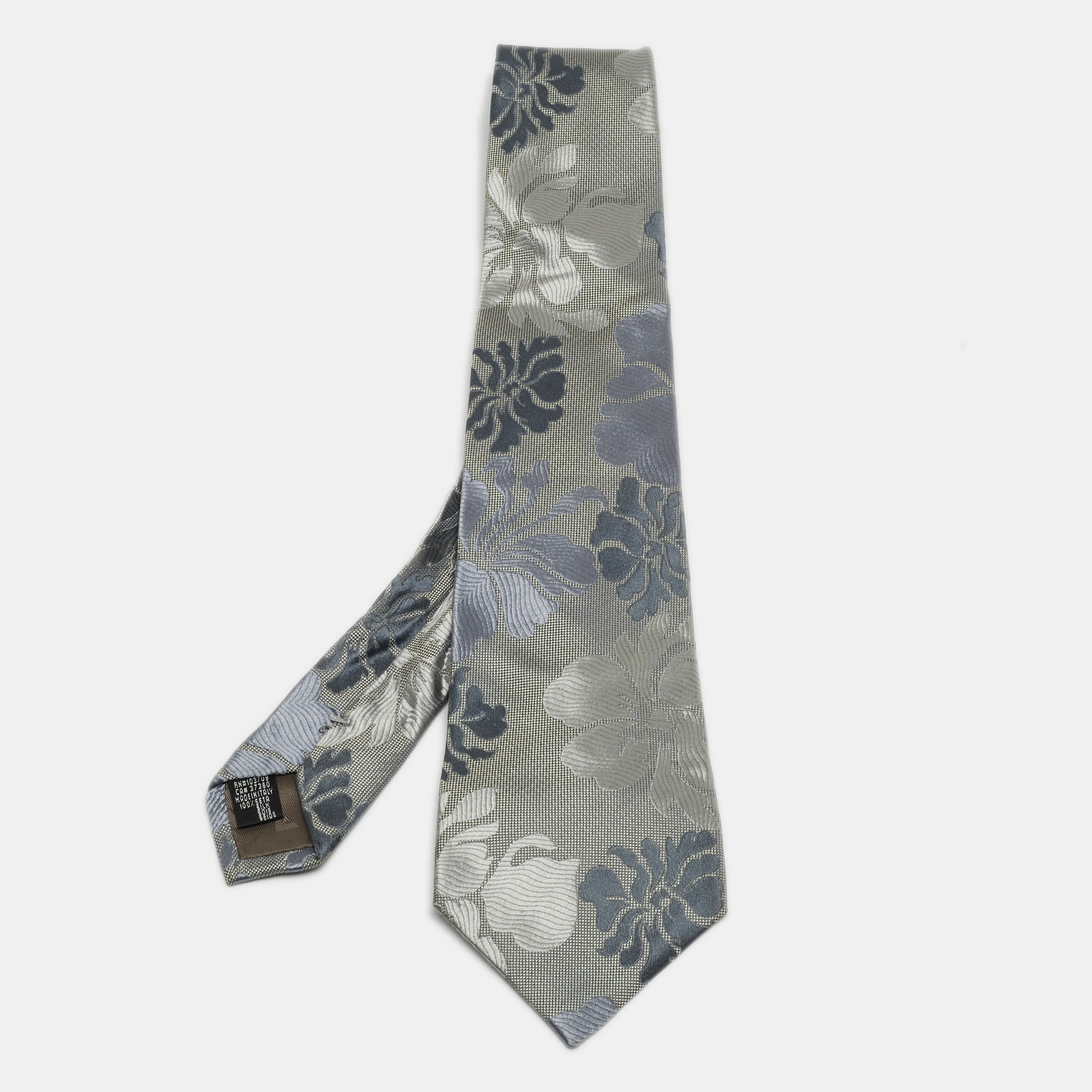 Pre-owned Emporio Armani Grey Floral Patterned Silk Traditional Tie