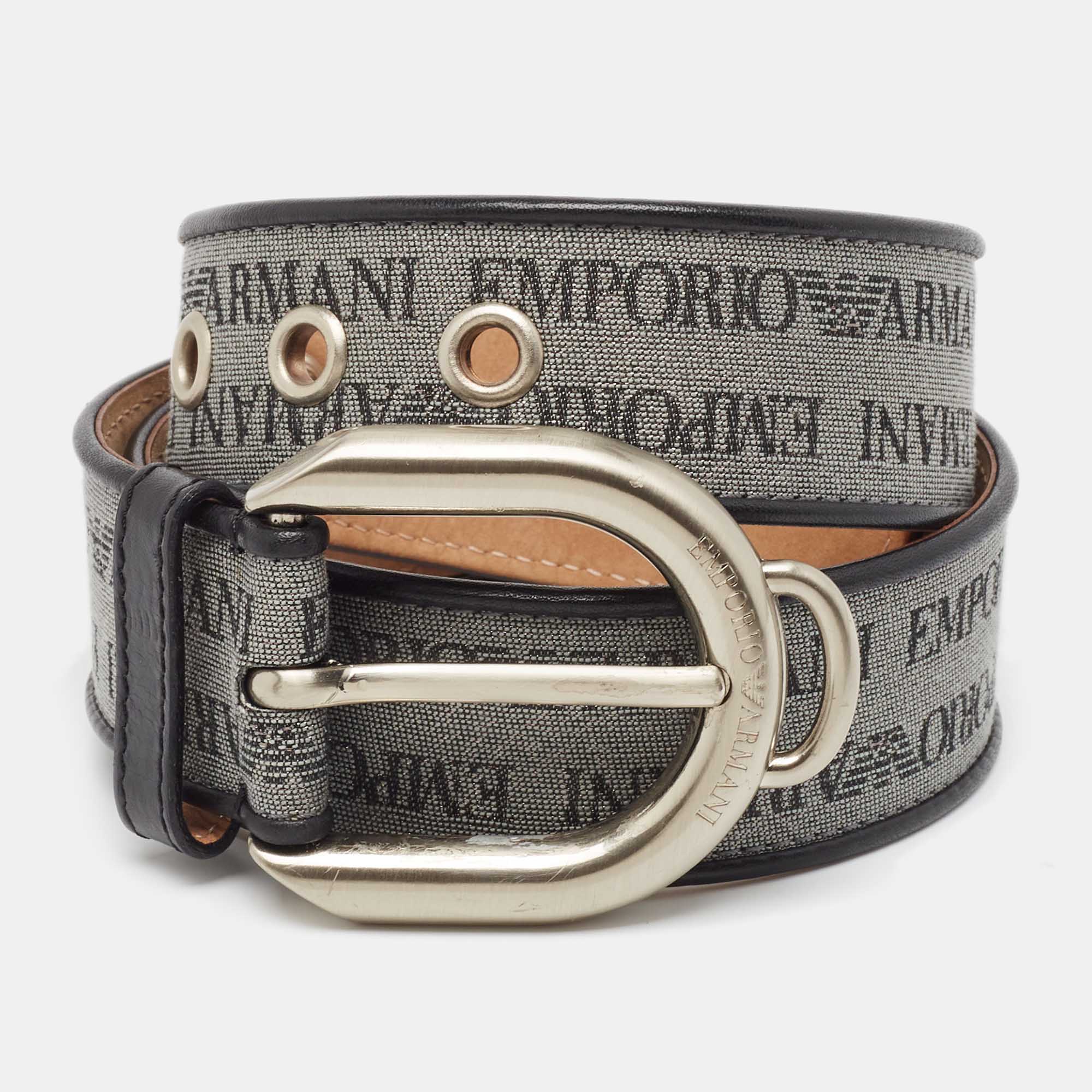 

Emporio Armani Grey/Black Logo Print Fabric and Leather Buckle Belt