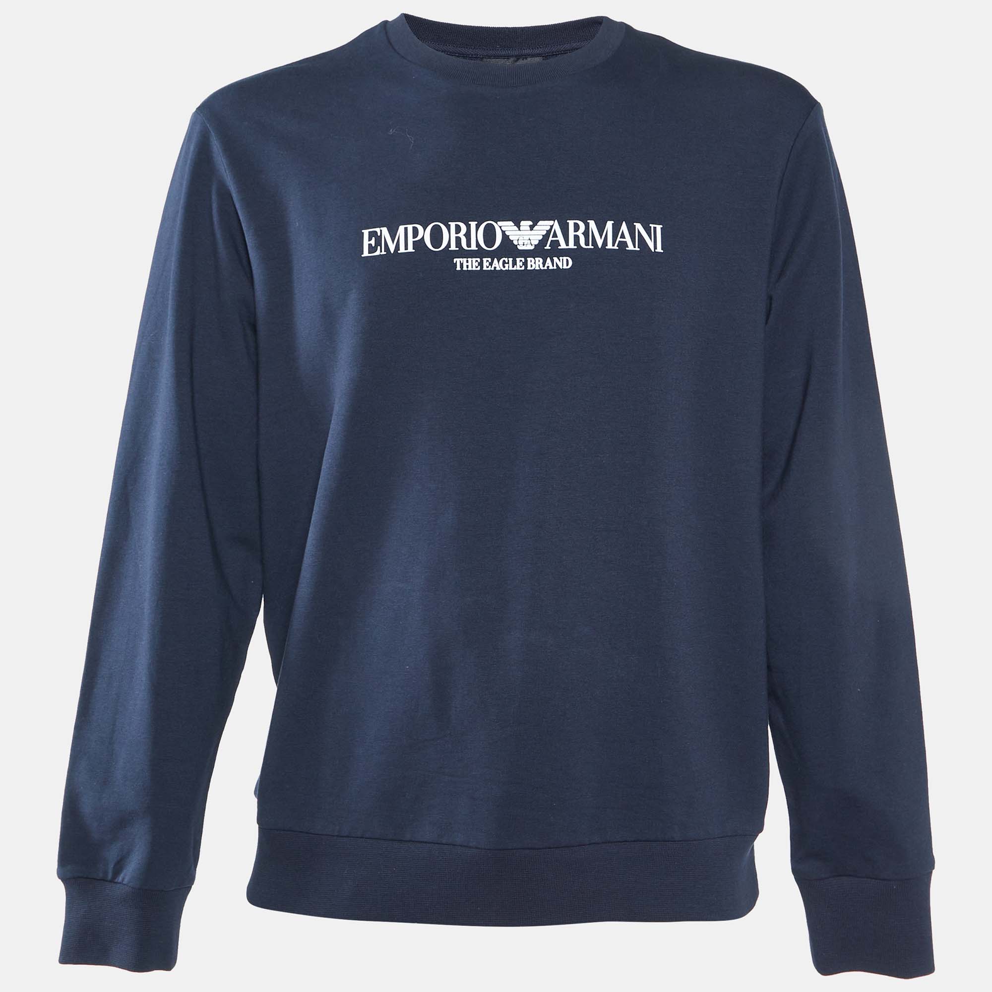 Pre-owned Emporio Armani Navy Blue Logo Print Cotton Sweatshirt L