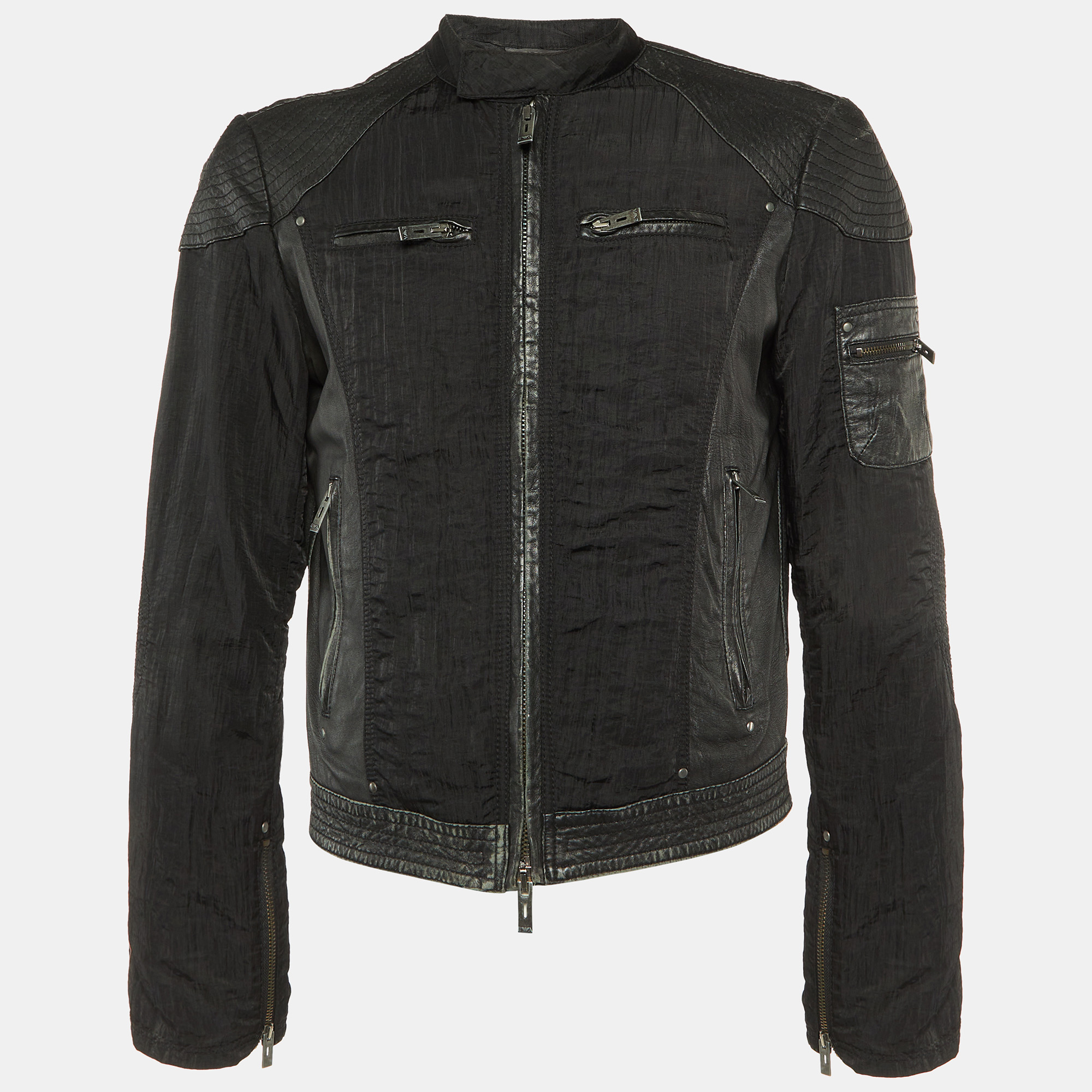 

Emporio Armani Misura Black Leather & Nylon Paneled Biker Jacket M