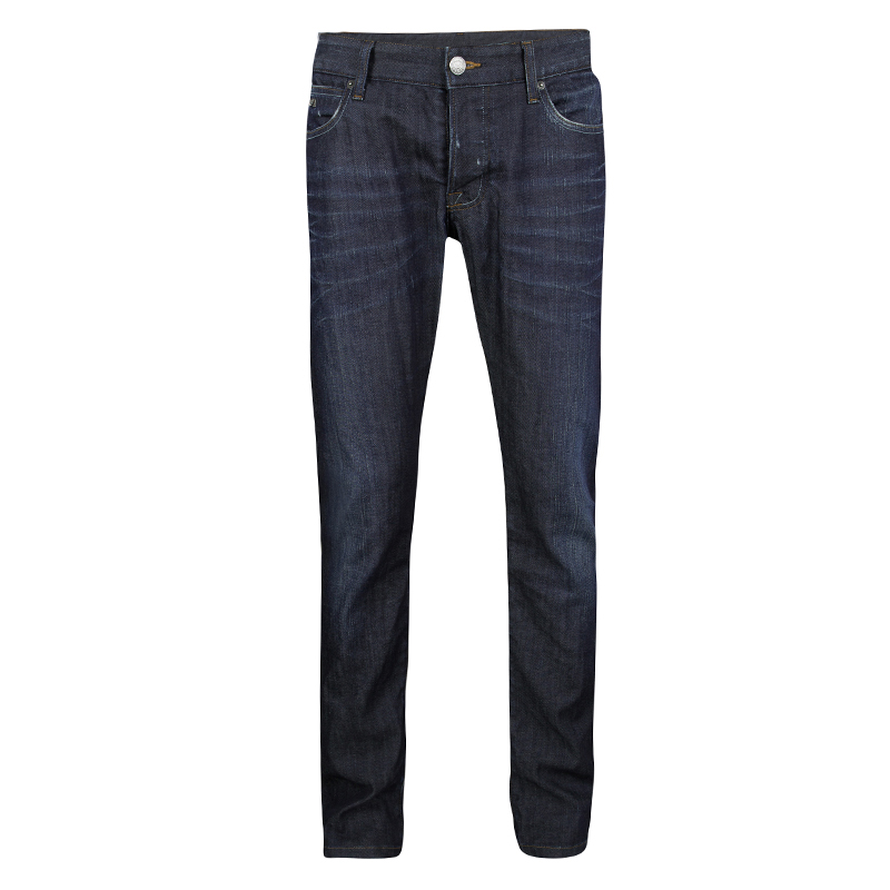 Emporio Armani Indigo Dark Wash Denim Faded Effect Distressed Jeans XL