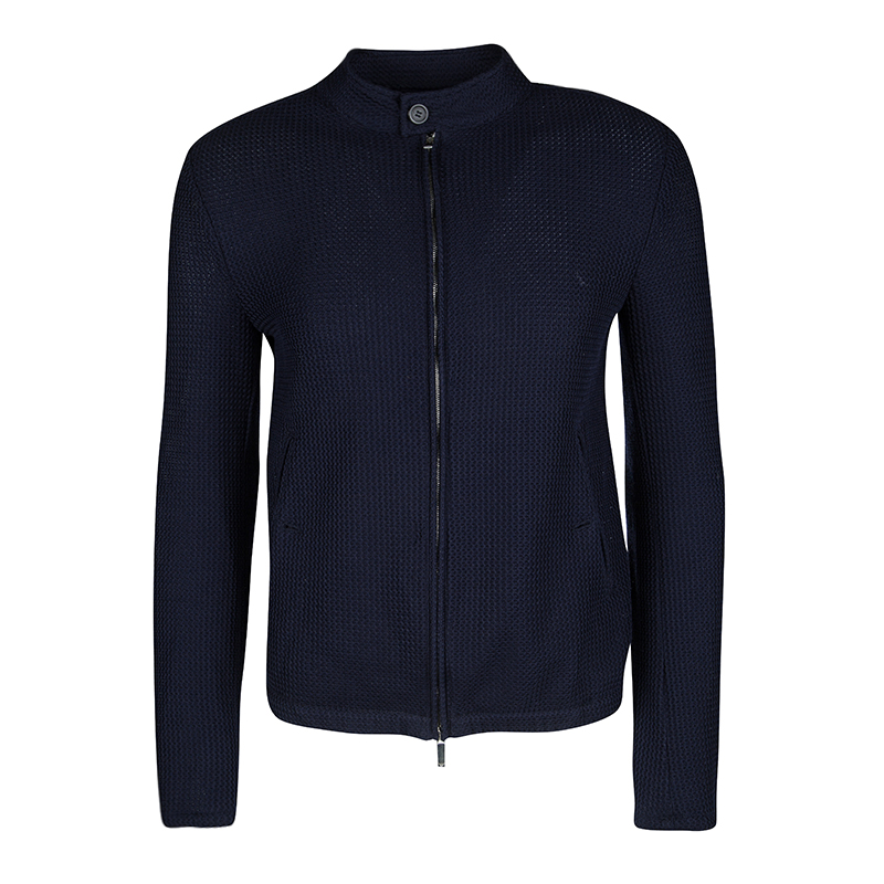 Pre Owned Emporio Armani Navy Blue Textured Cotton Zip Front Jacket S