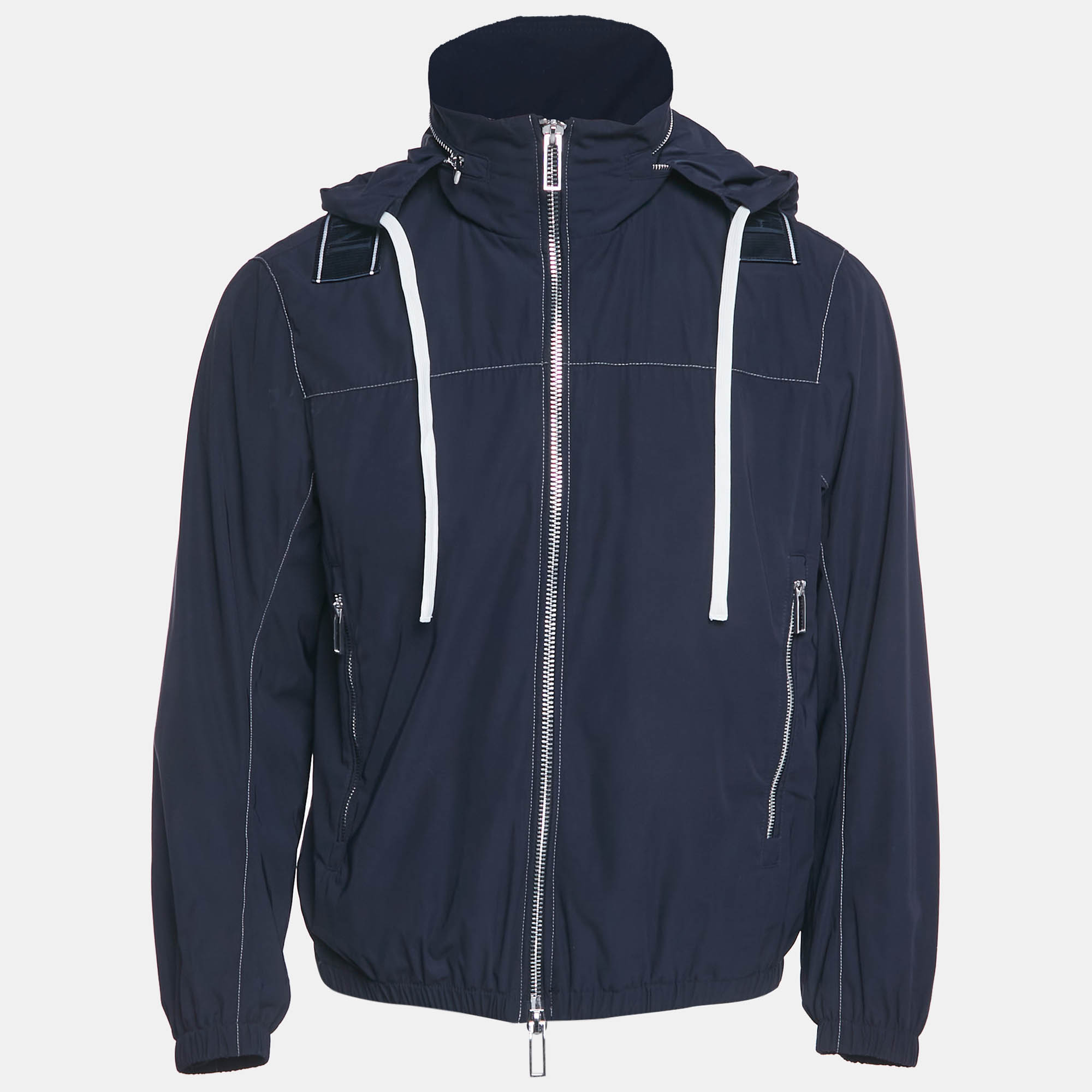 Pre-owned Emporio Armani Navy Blue Synthetic Logo Band Conceal Hood Jacket S