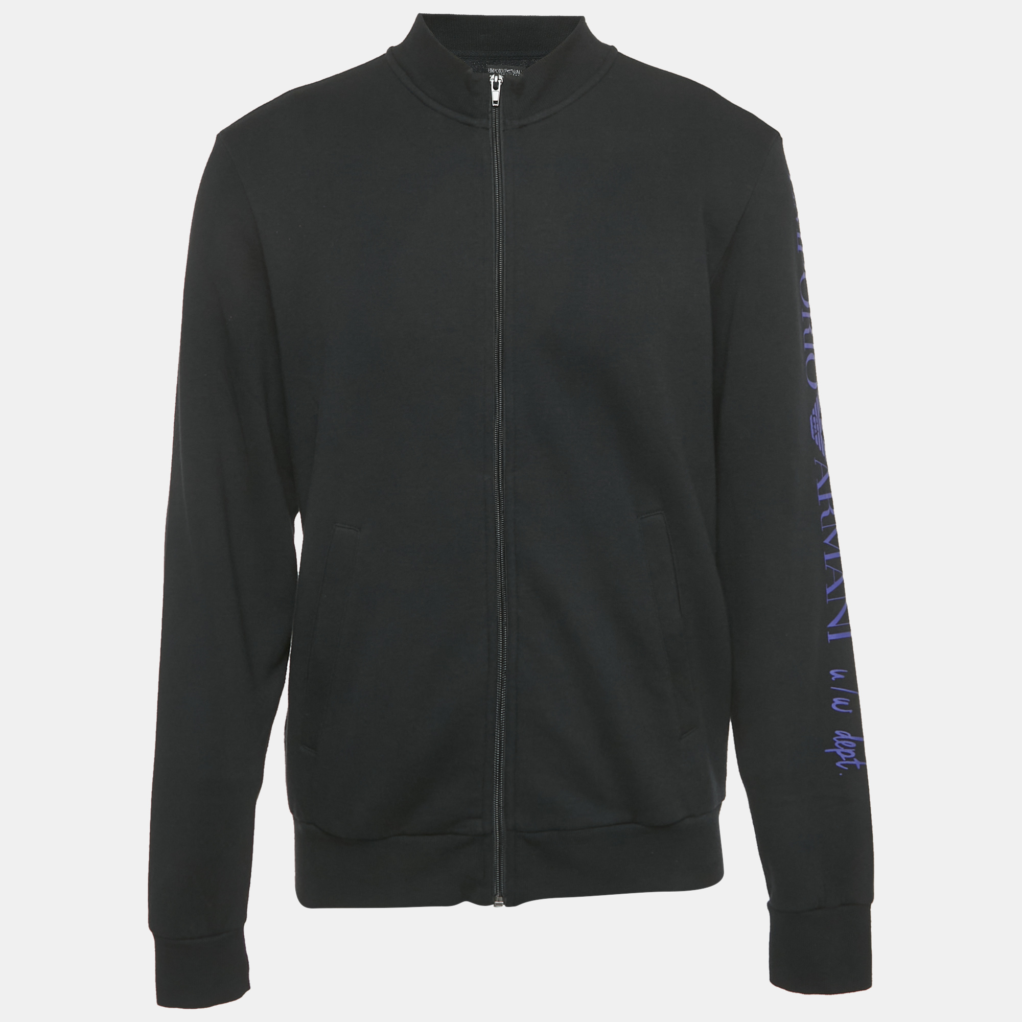 Emporio Armani Black Cotton Logo Print Zip Front Hoodie L