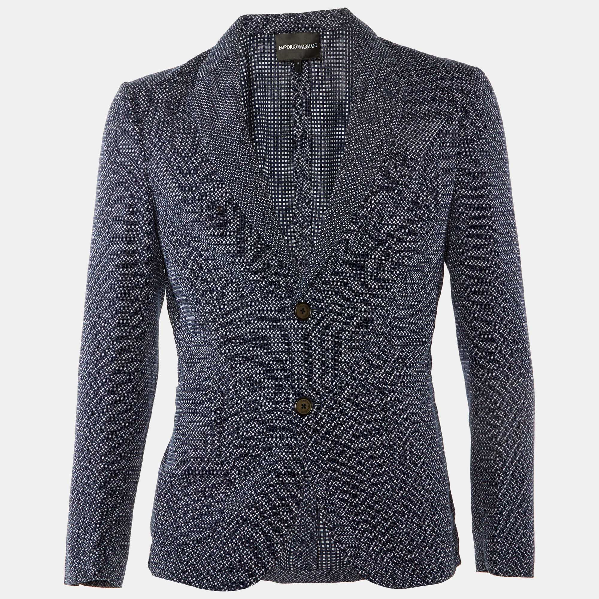 

Emporio Armani Navy Blue Square Pattern Cotton Button Front Jacket M