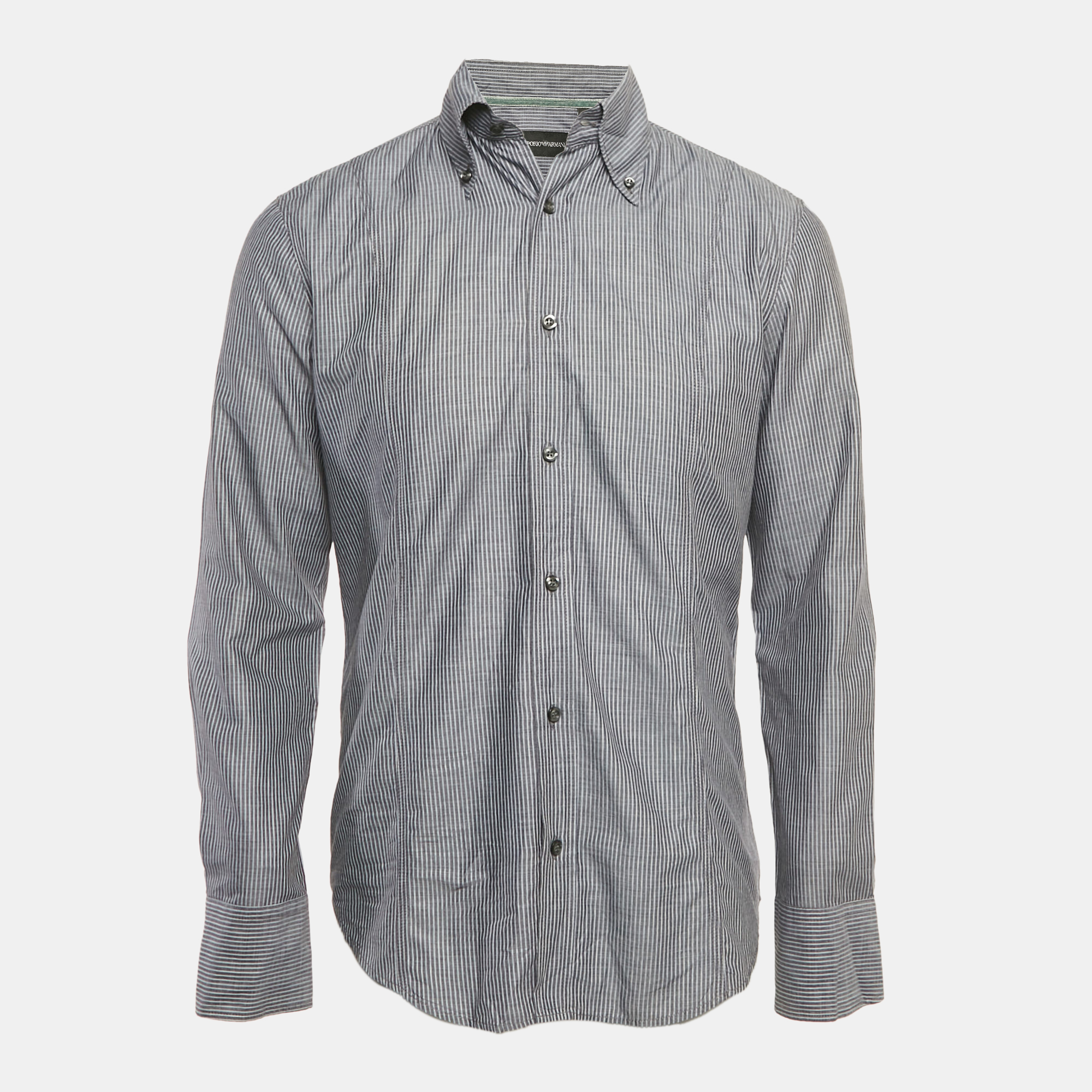 

Emporio Armani Dark Grey Striped Cotton Button Front Shirt S