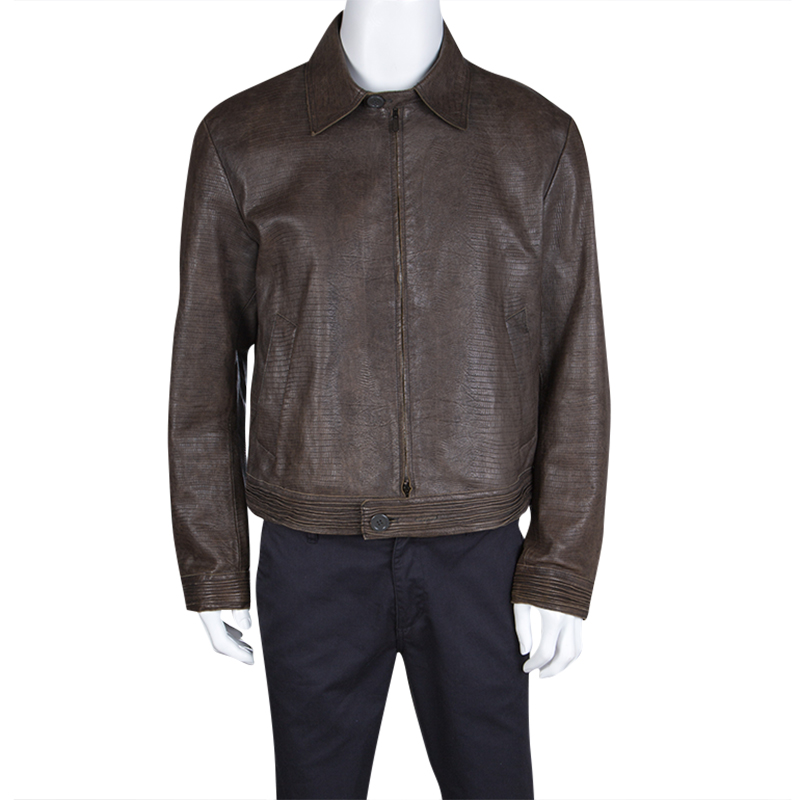 

Emporio Armani Brown Embossed Leather Zip Front Jacket