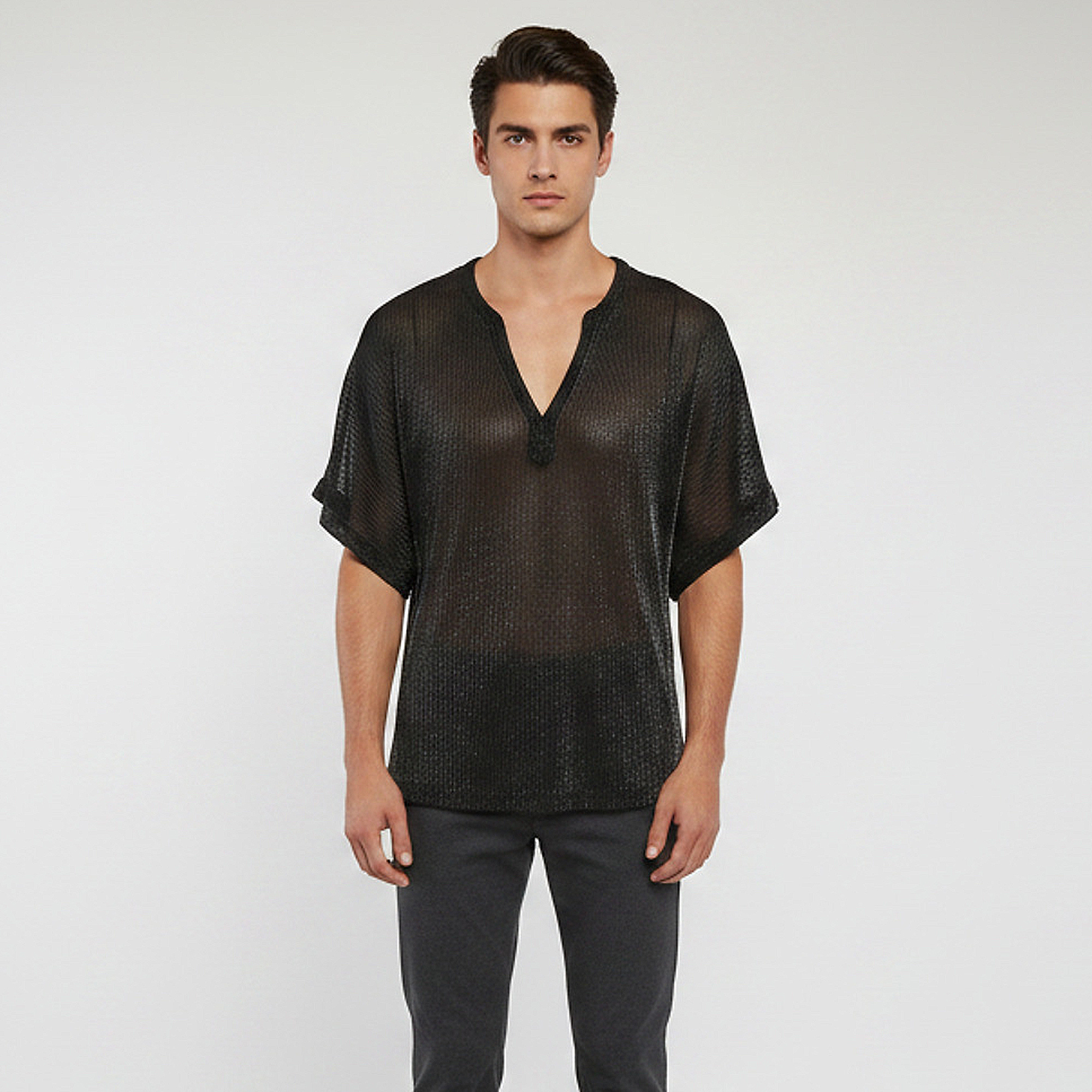 

Emporio Armani Black Metallic Knit Sheer V-Neck Shirt M