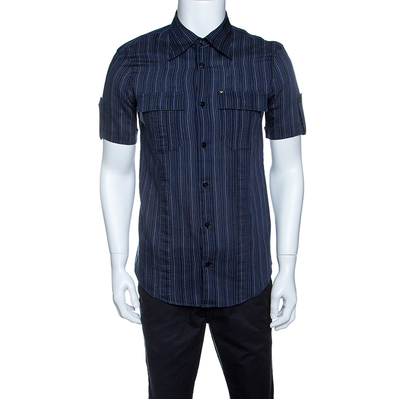 Emporio Armani Navy Blue Striped Cotton Short Sleeve Button Front Shirt L
