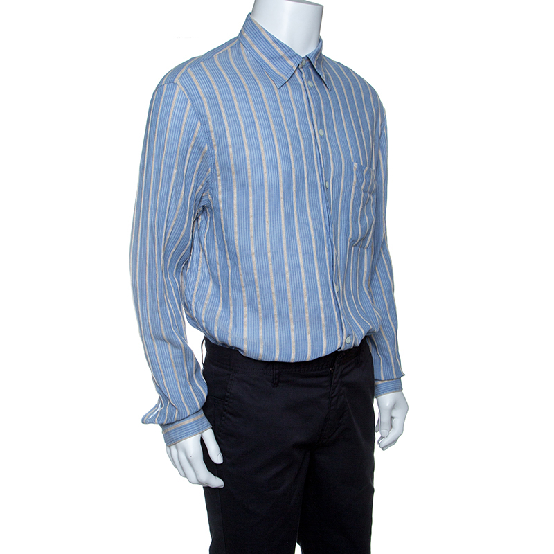 

Emporio Armani Blue and Beige Striped Cotton and Hemp Long Sleeve Shirt