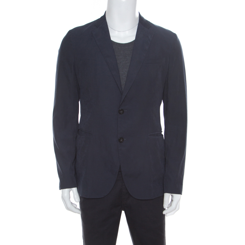 Pre Owned Emporio Armani Prussian Blue Suede Effect Two Button Blazer L