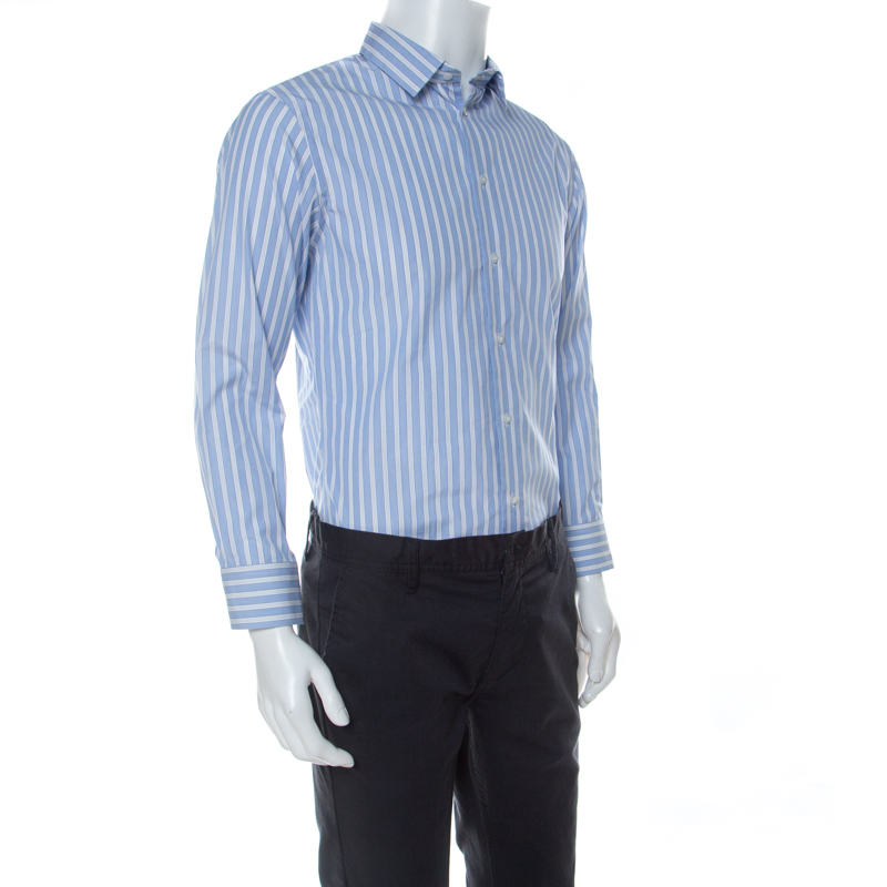 

Emporio Armani Blue and White Striped Cotton Button Front Shirt