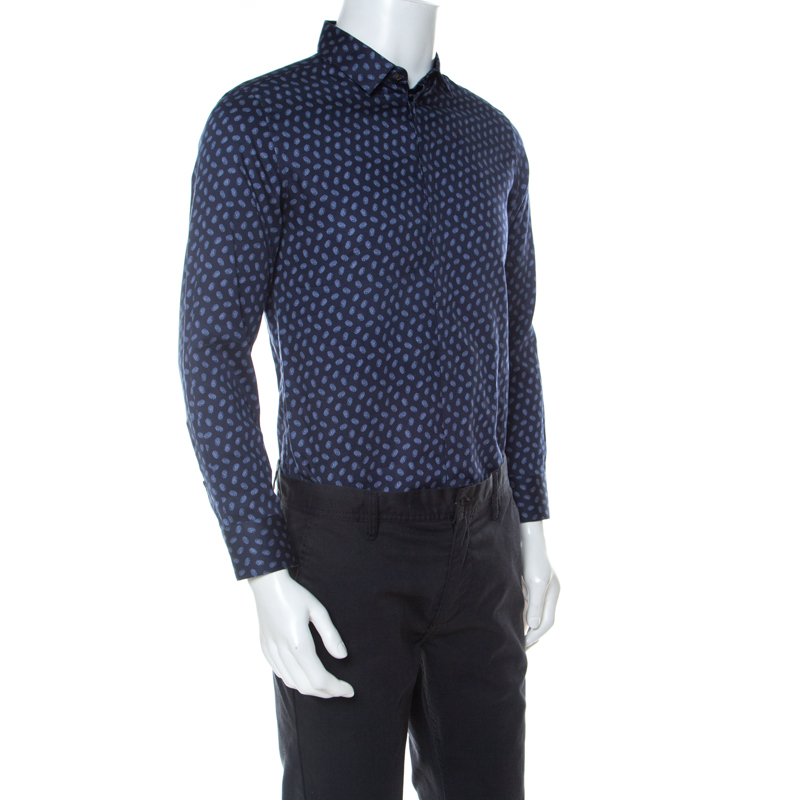 

Emporio Armani Navy Blue Cotton Fingerprint Button Front Shirt