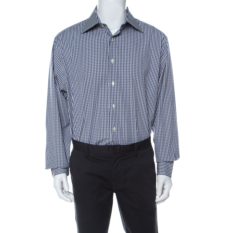 

Emporio Armani Navy Blue and White Checked Cotton Long Sleeve Shirt XXL