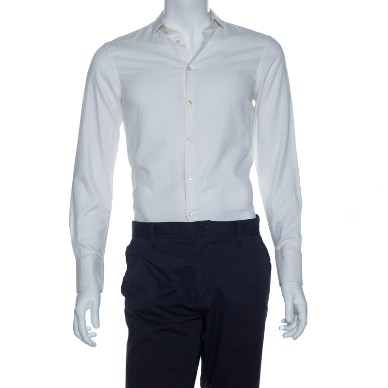 Pre Owned Emporio Armani White Jacquard Patterned Cotton Long Sleeve Shirt M