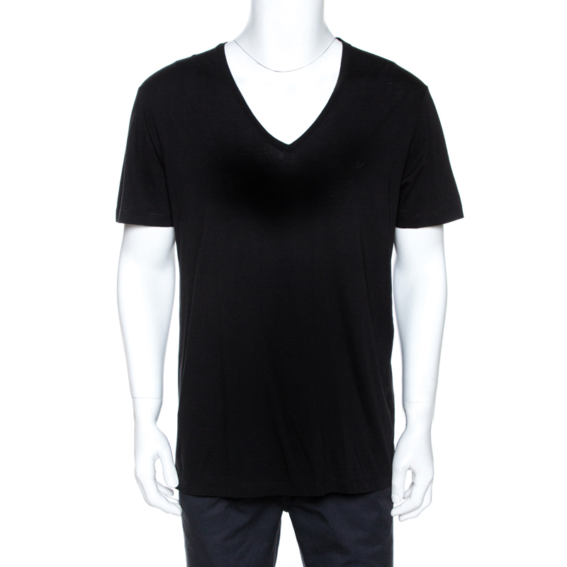 Pre Owned Emporio Armani Black Cotton V Neck T-Shirt L