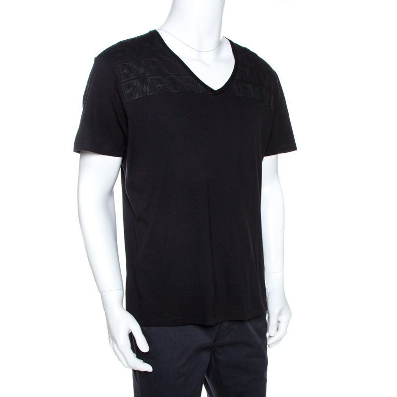 

Emporio Armani Black Logo Print Cotton V Neck T-Shirt