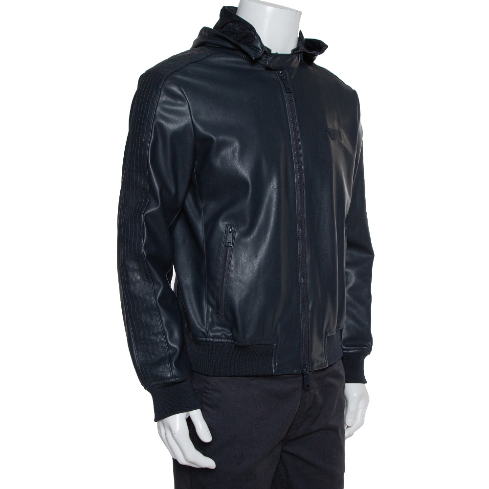 

Emporio Armani Navy Blue Faux Leather Hooded Zip Front Jacket
