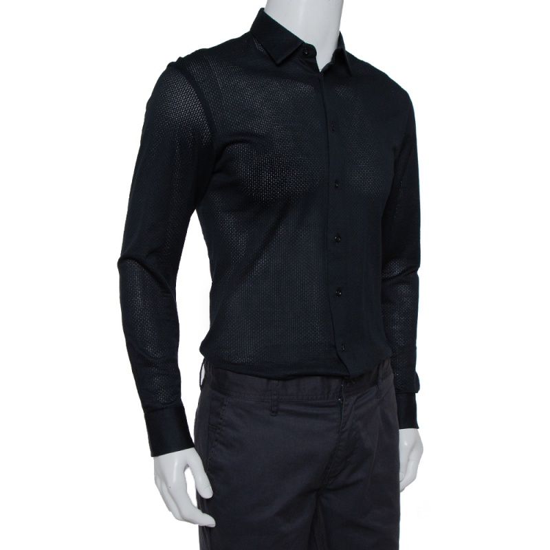 

Emporio Armani Navy Blue Perforated Stretch Cotton Button Front Shirt