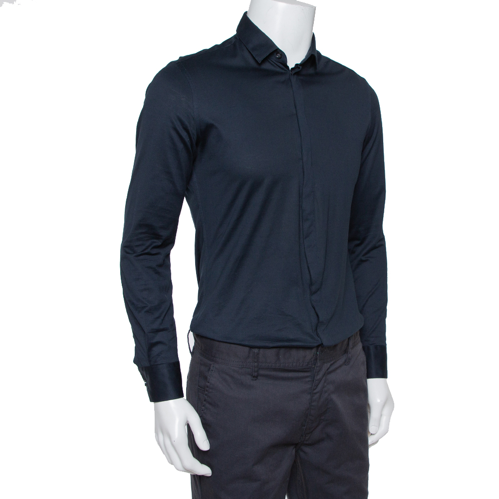 

Emporio Armani Navy Blue Stretch Cotton Button Front Shirt