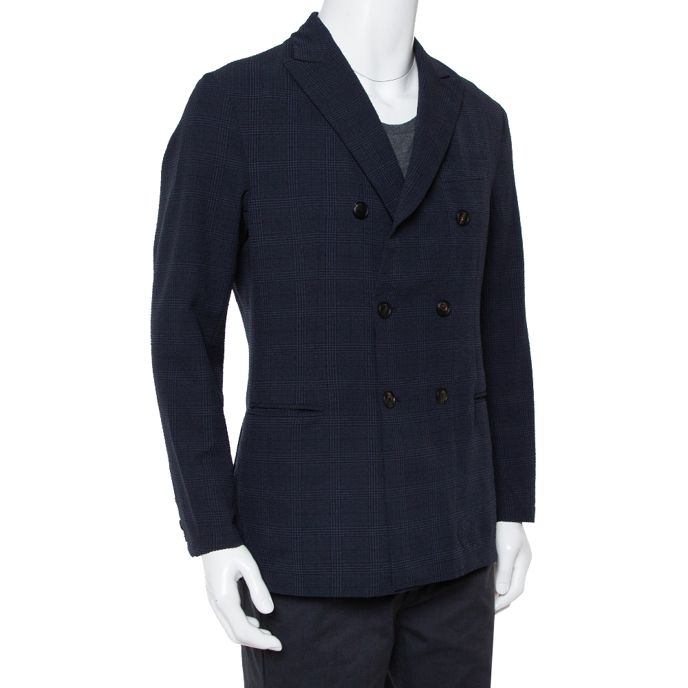 

Emporio Armani Midnight Blue Checkered Crinkled Crepe Double Breasted Blazer, Navy blue