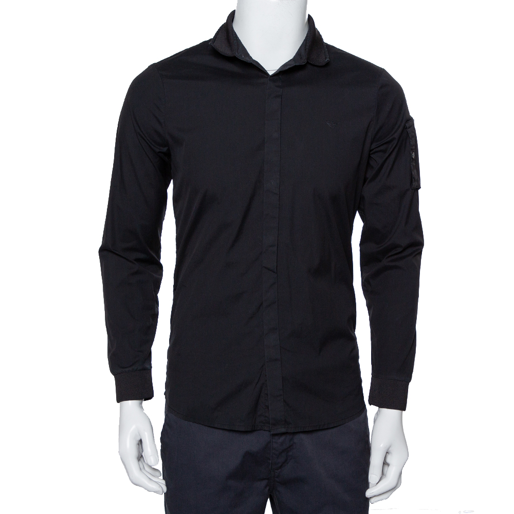 Pre-owned Emporio Armani Black Cotton Knit Trim Detail Button Front Shirt S
