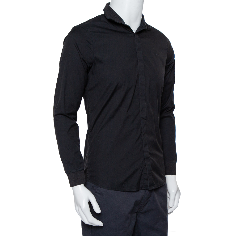 

Emporio Armani Black Cotton Knit Trim Detail Button Front Shirt