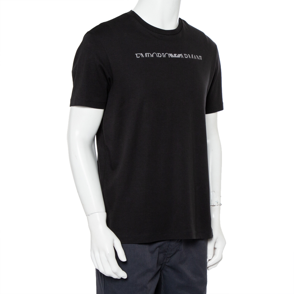 

Emporio Armani Black Logo Embroidered Cotton Crewneck T-Shirt