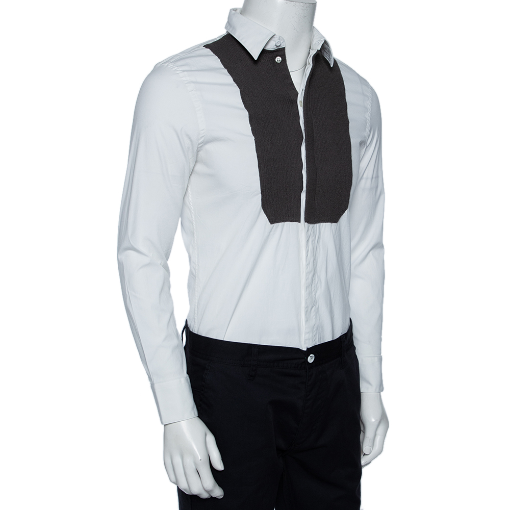 

Emporio Armani White Stretch Cotton & Contrast Wool Paneled Button Front Shirt