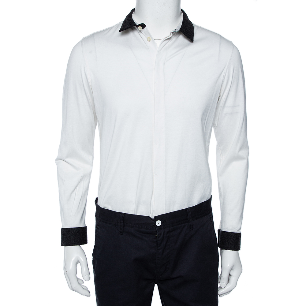

Emporio Armani White Cotton Contrast Wool Trim Button Front Shirt