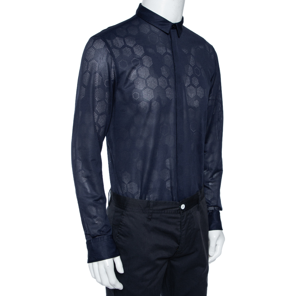 

Emporio Armani Navy Blue Perforated Jersey Button Front Shirt