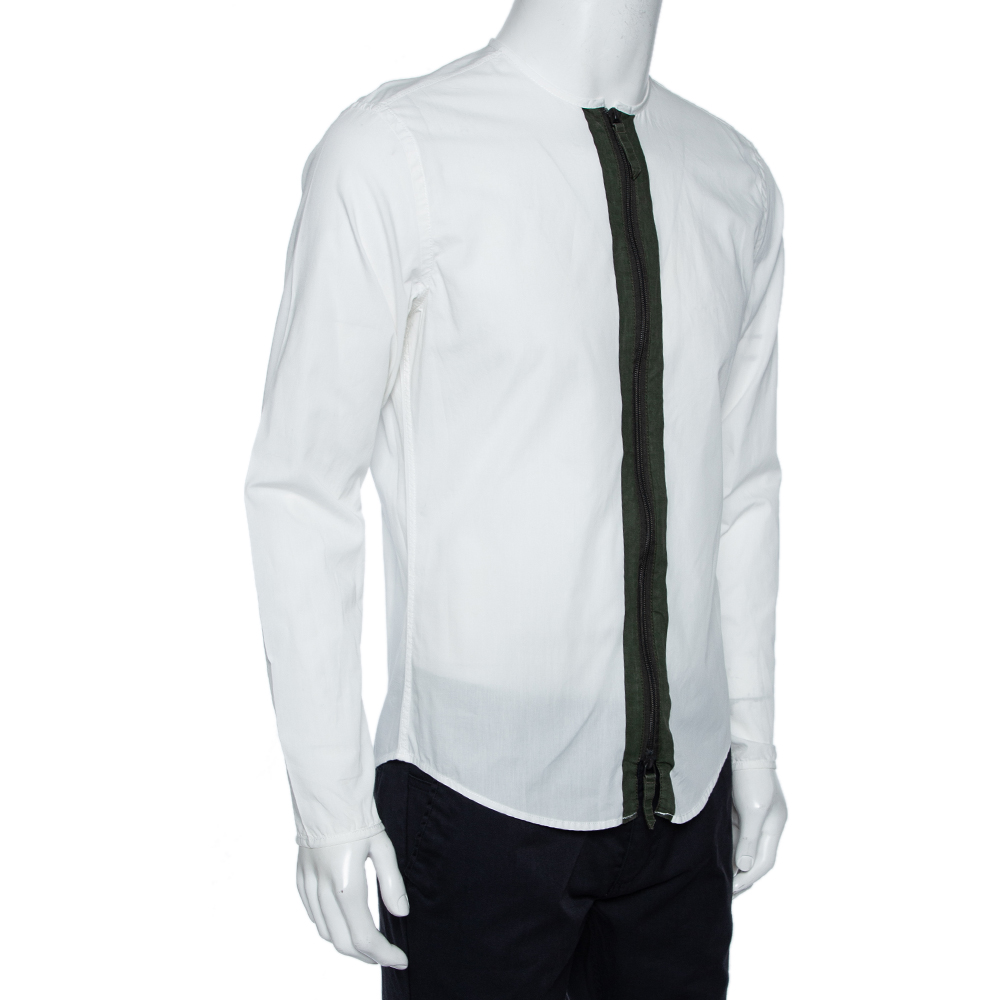 

Emporio Armani White Cotton Contrast Trim Zip Front Slim Fit Shirt