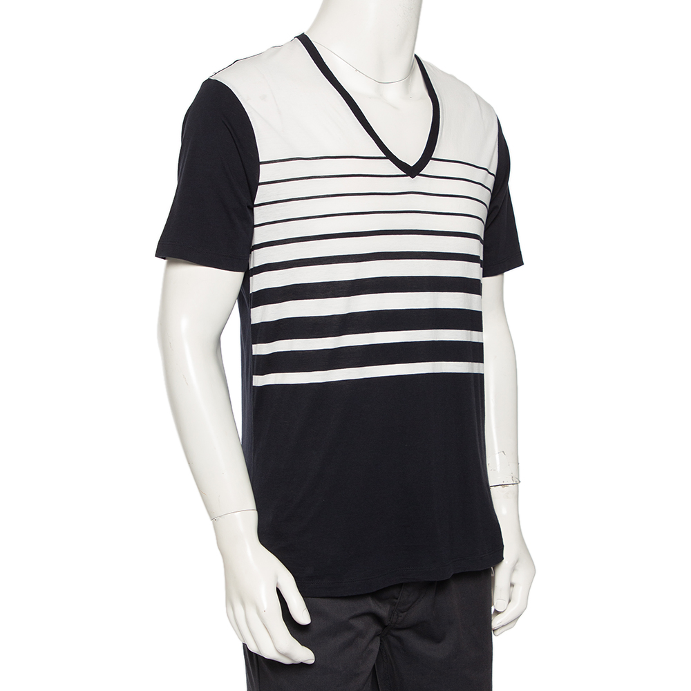 

Emporio Armani Navy Blue Striped Cotton V-Neck T-Shirt