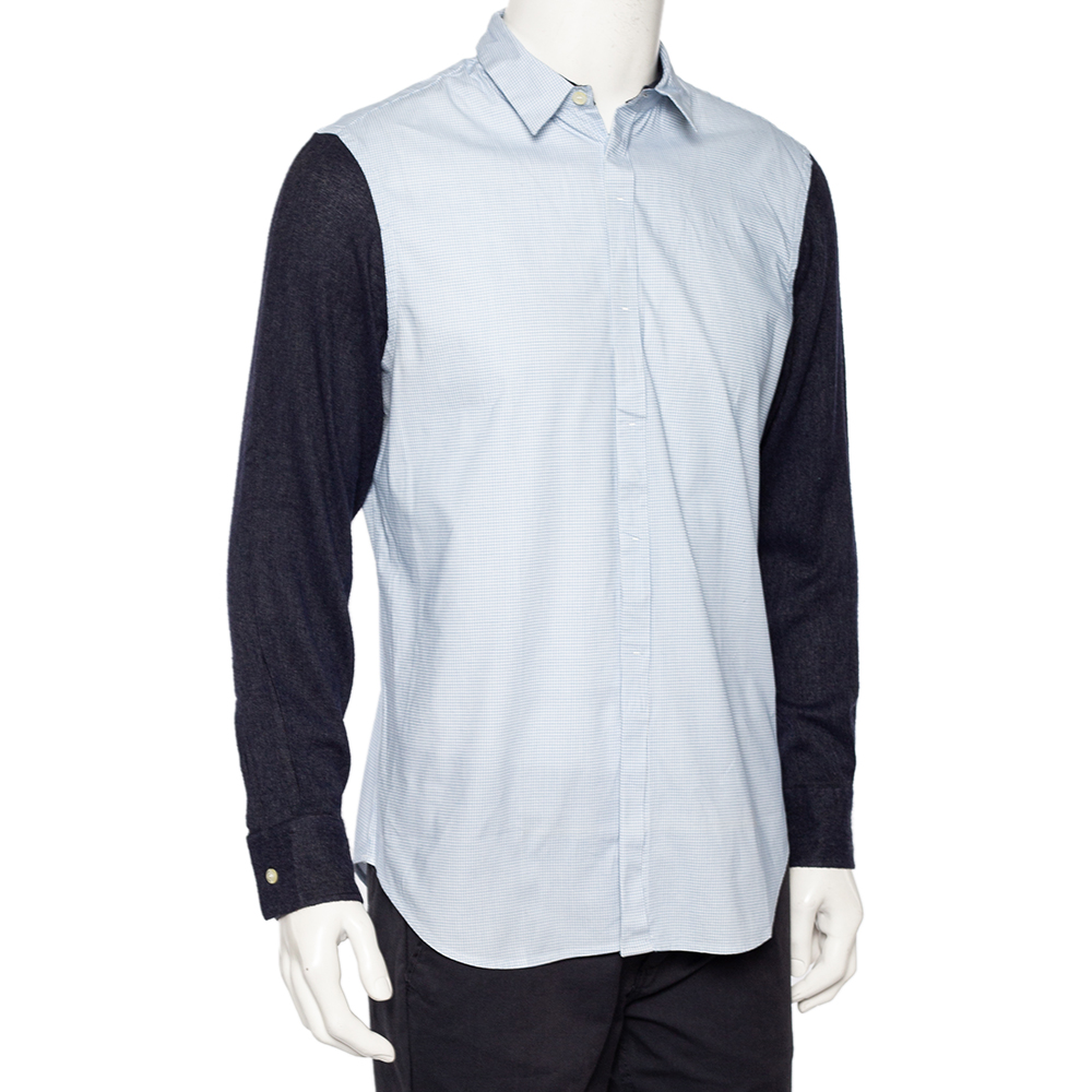 

Emporio Armani Blue Checkered Cotton Contrast Sleeve Button Front Shirt