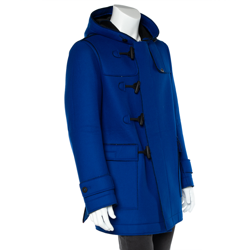 

Emporio Armani Blue Wool & Mesh Layered Toggle Button Hooded Duffle Coat