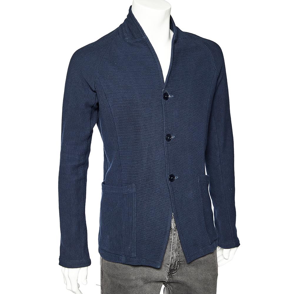 

Emporio Armani Navy Blue Rib Knit Button Front Blazer