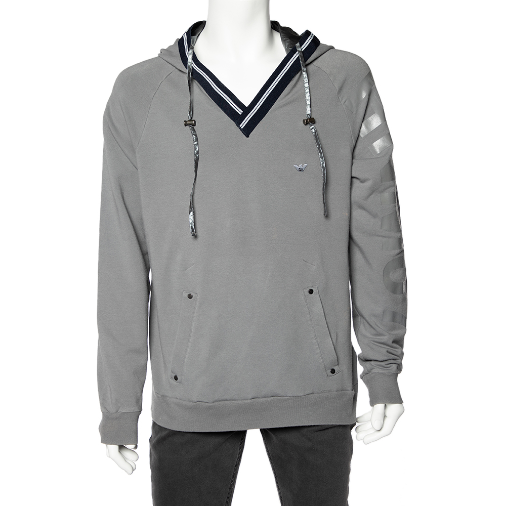 

Emporio Armani Grey Cotton Knit Contrast Trim hooded Sweatshirt 3XL