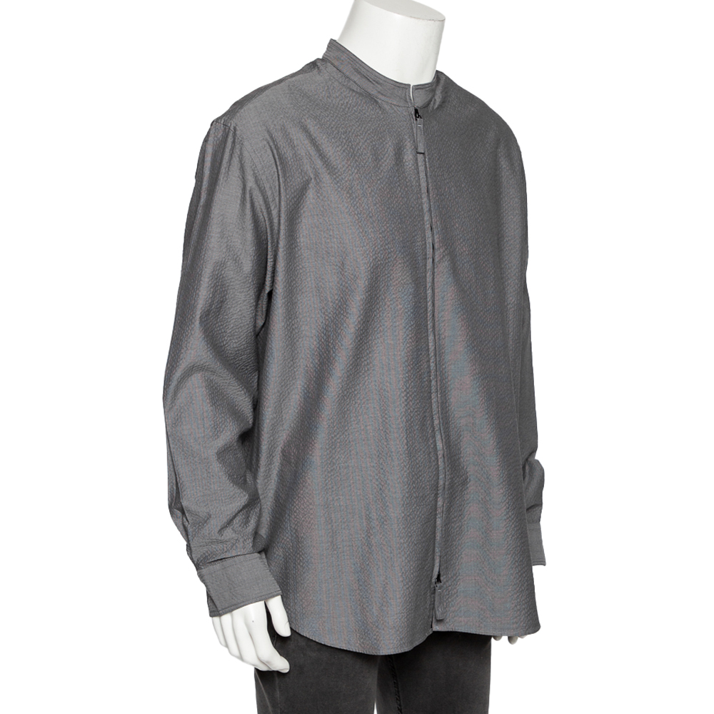

Giorgio Armani Grey Crinkled Cotton Zip Front Shirt