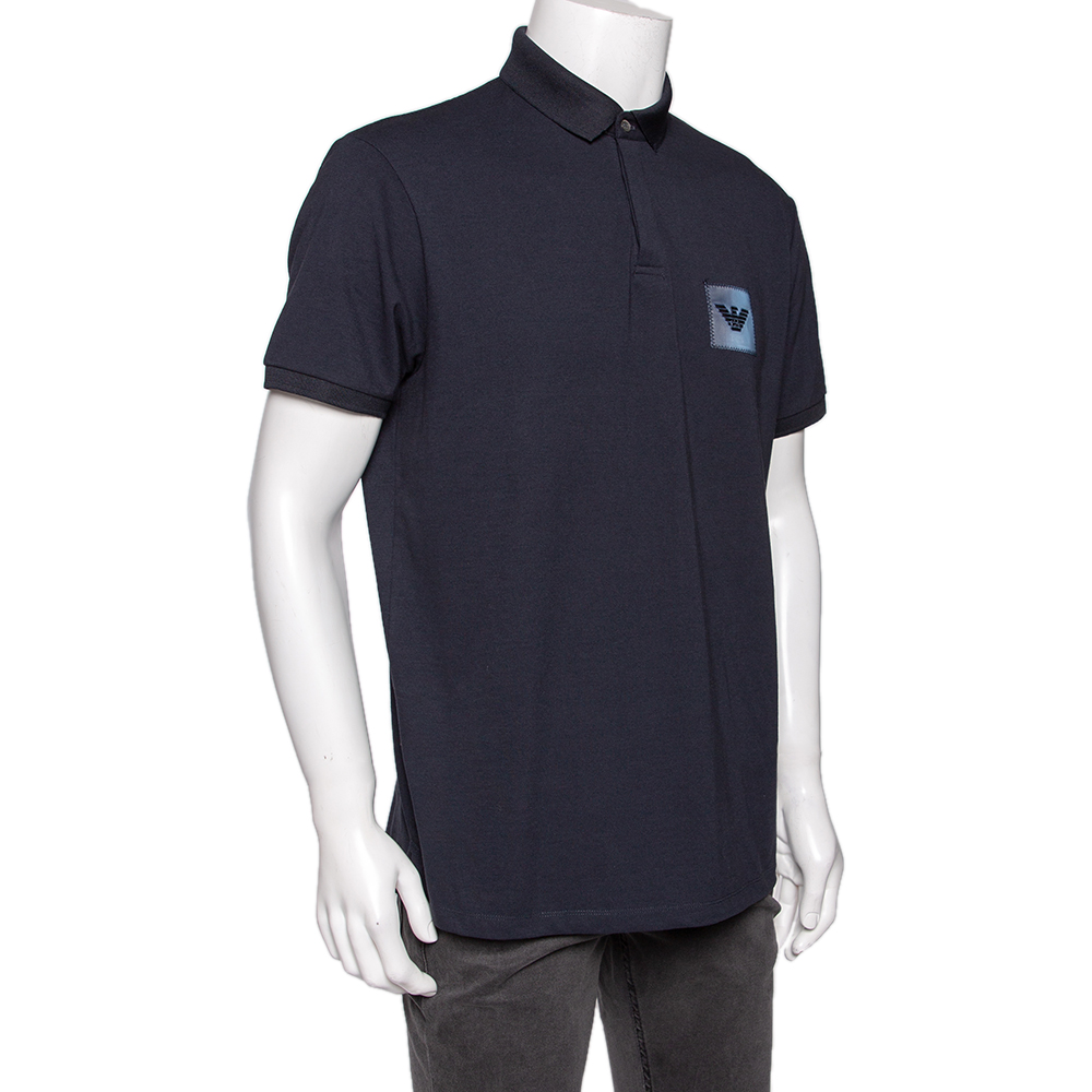 

Emporio Armani Navy Blue Cotton Pique Logo Patch Polo T-Shirt