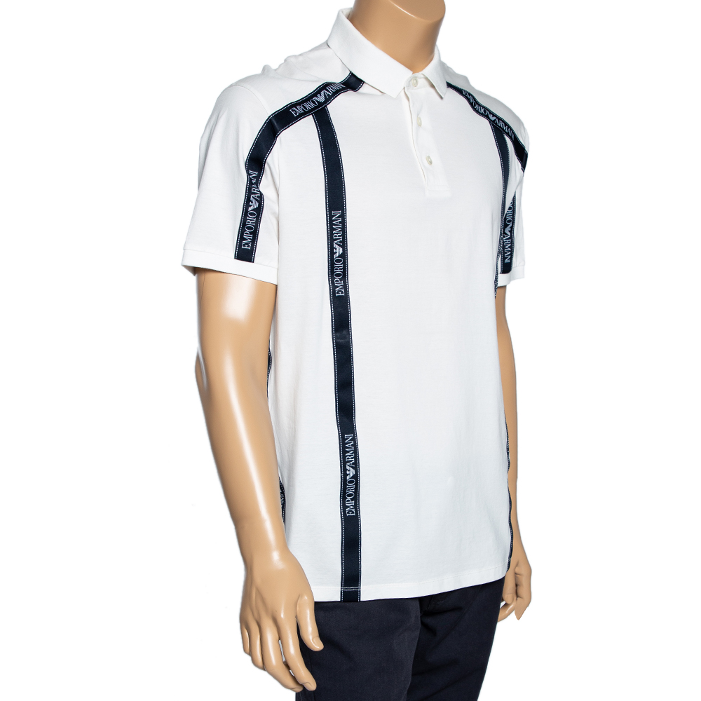 

Emporio Armani Off White Cotton Logo Tape Trimmed Polo T-Shirt