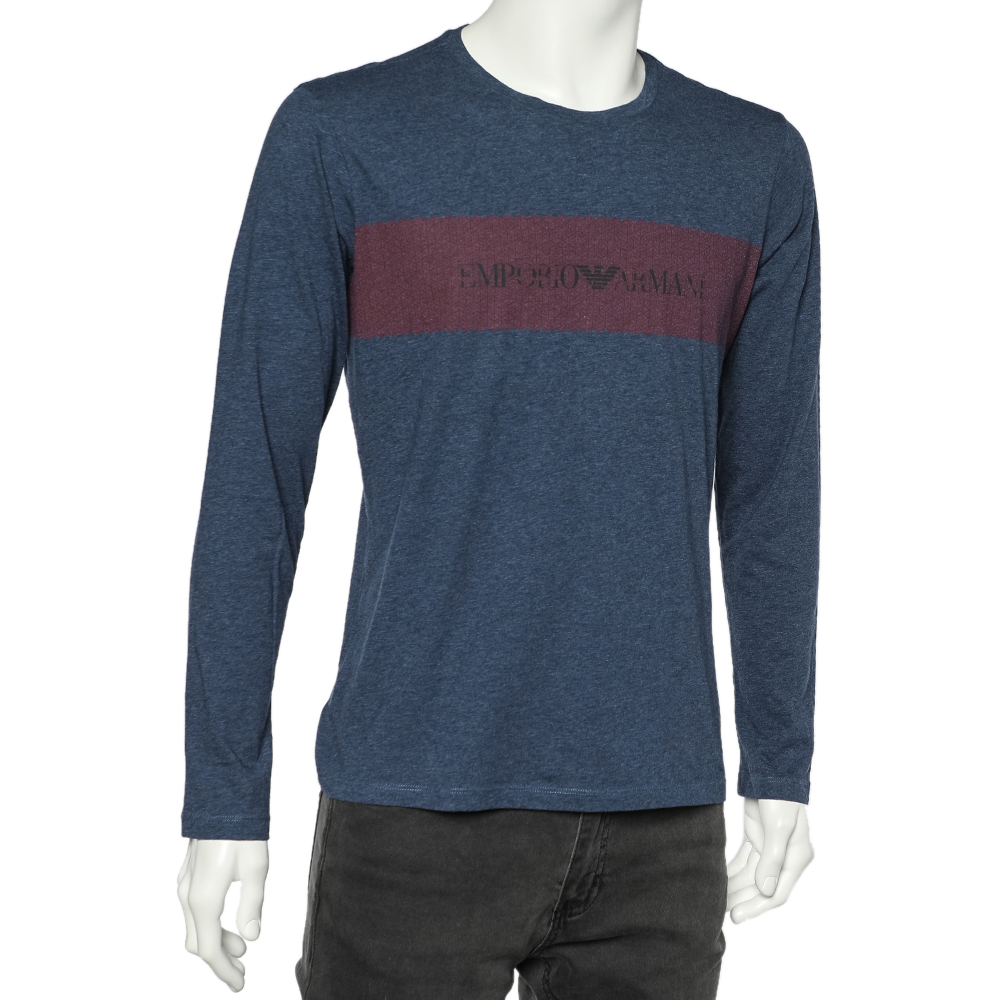 

Emporio Armani Blue Logo Printed Cotton Knit Long Sleeve T-Shirt