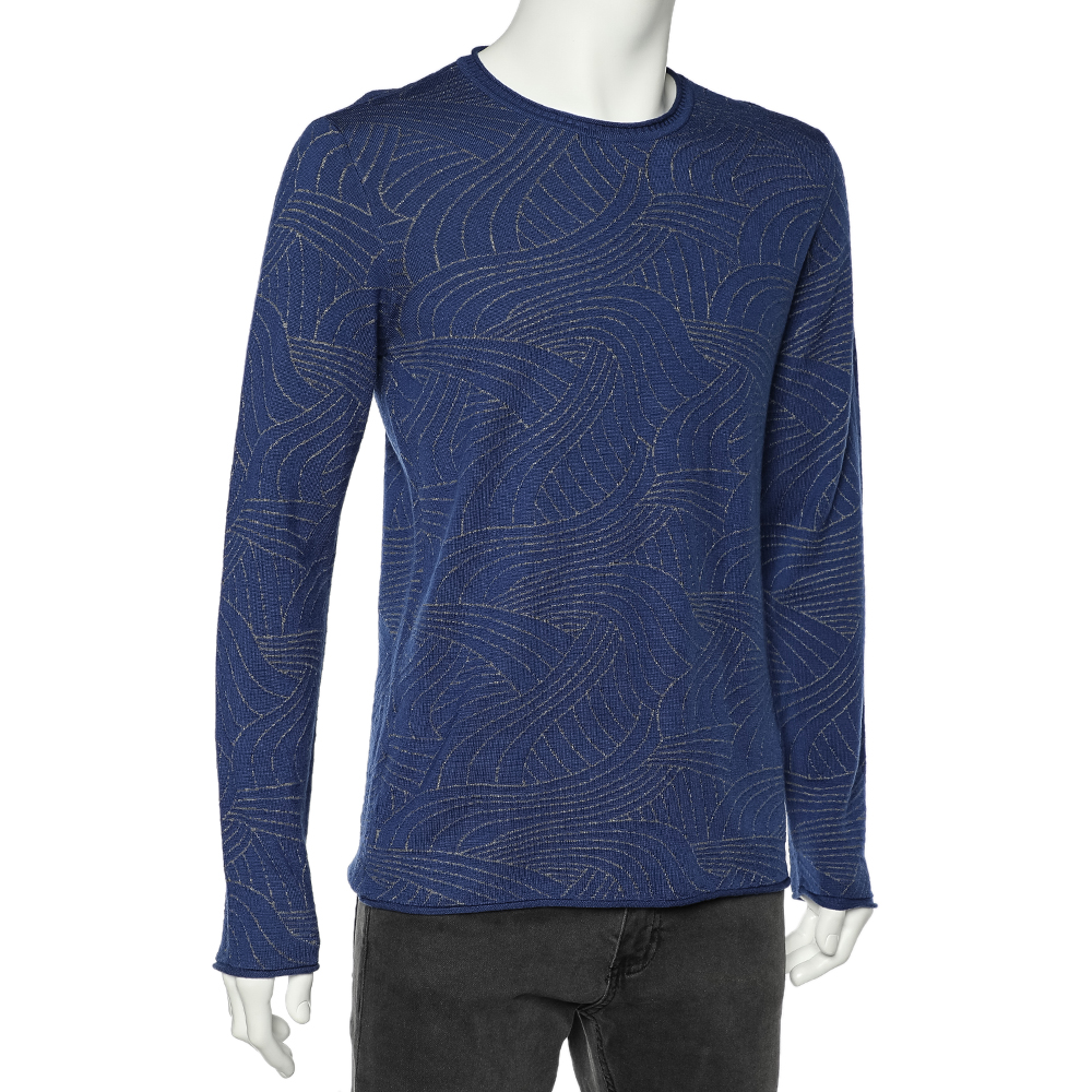 

Emporio Armani Blue Patterned Knit Crewneck Sweater